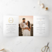 Zwart wit goud ovaal blad monogram trouwfoto drieluik programma (Binnen)