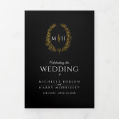 Zwart wit goud ovaal blad monogram trouwfoto drieluik programma (Cover)