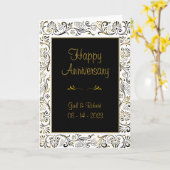 Zwart Wit Goud Scrollwork Happy Jubileum Kaart (Gele Bloem)