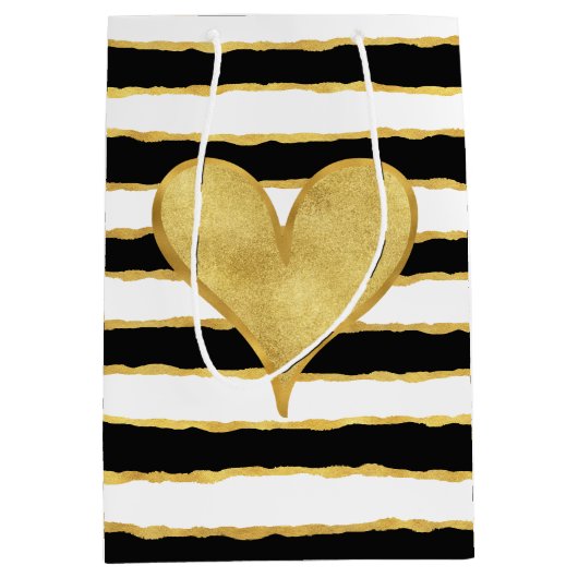 Zwart Wit Goud Strepen Hart Medium Cadeauzakje (Voorkant)