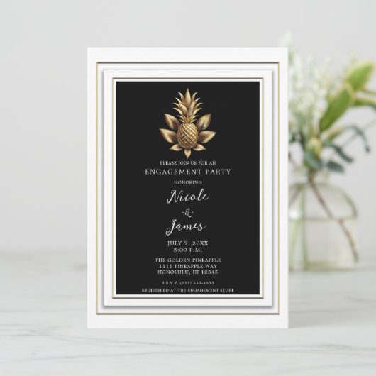 Zwart Wit & Goud Tropisch Ananas Verloving Kaart (Staand voorkant)