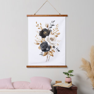 Zwart Wit Goud Waterverf Bloemen Hangend Wandkleed