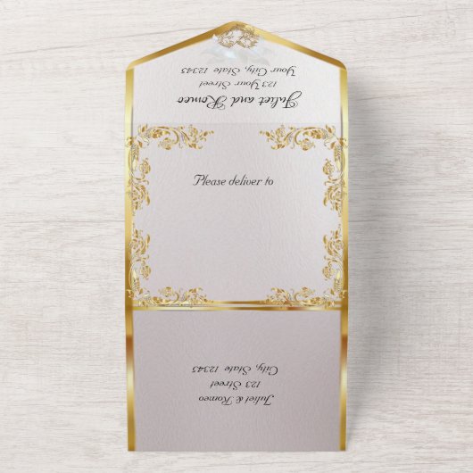 Zwart & Wit, Gouden Bladeren, Duiven & Hart All In One Uitnodiging (Buitenkant)