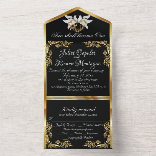 Zwart & Wit, Gouden Bladeren, Duiven & Hart All In One Uitnodiging (Binnen)