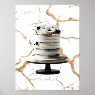 Zwart & Wit Gouden Bloemen Lagen Taart Bruidsuitva Poster