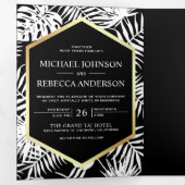 Zwart-wit Gouden Folie Tropische Palm Bruiloft Drieluik Uitnodiging (Binnenzijde eerst)
