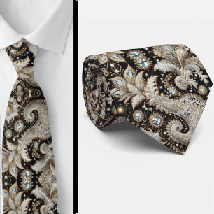 Zwart Wit Gouden Kant Paisley Diamanten Herenstrik Stropdas