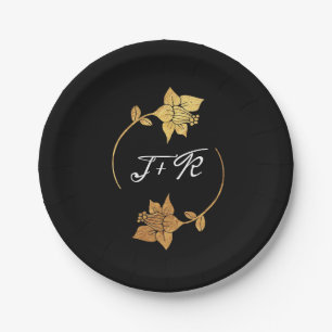 Zwart Wit Gouden Ring Monogram Initialen Bloemen Papieren Bordje