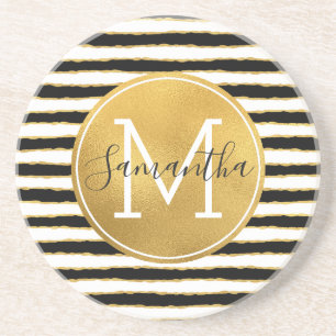 Zwart wit gouden strips monogram zandsteen onderzetter