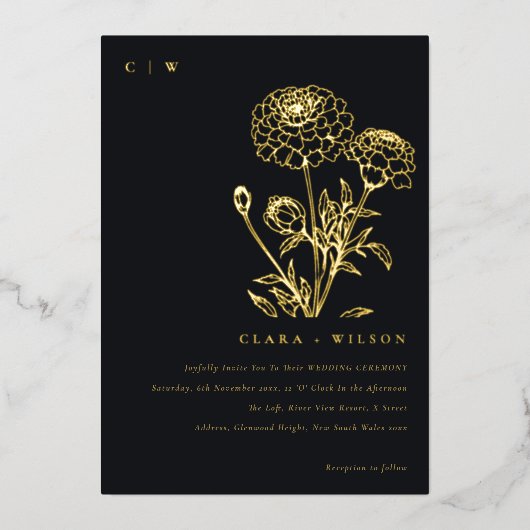 Zwart-wit goudsbloem bloemenschets bruiloft folie uitnodiging (Voorkant)