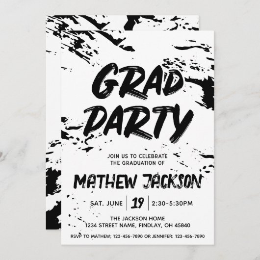 Zwart-wit Graffiti Paint Afstudeerfeest Kaart (Voorkant / Achterkant)