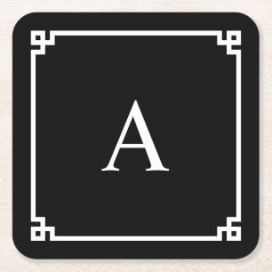 Zwart-Wit Griekse Sleutel Monogram Vierkante Kartonnen Onderzetter