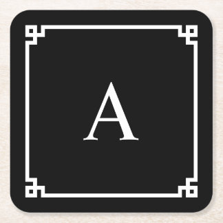 Zwart-Wit Griekse Sleutel Monogram Vierkante Kartonnen Onderzetter