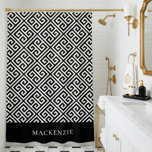Zwart-wit Griekse Sleutel Naam Monogram Douchegordijn