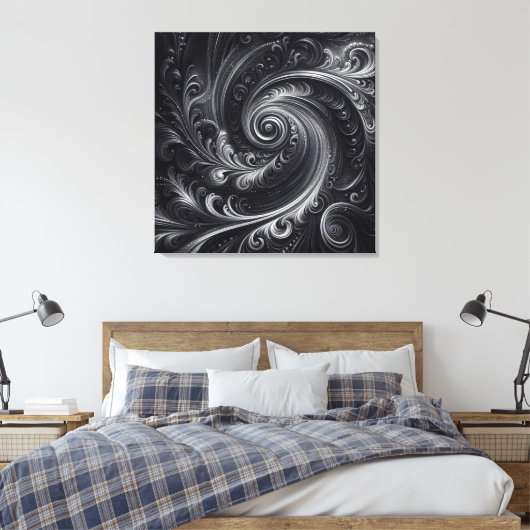 Zwart Wit Grijs Abstract Modern Eenvoudige Swirl Canvas Afdruk (Insitu (Slaapkamer))