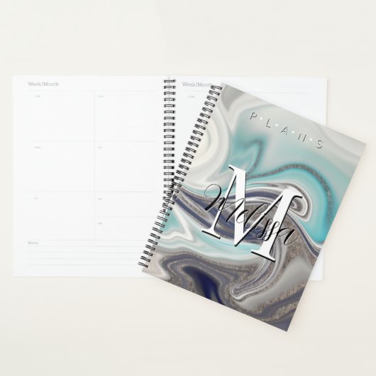 Zwart wit grijs Aqua Monogram Abstract Planner (Display)
