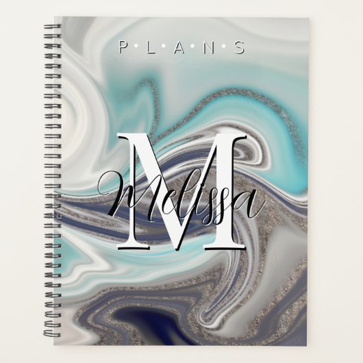 Zwart wit grijs Aqua Monogram Abstract Planner (Voorkant)