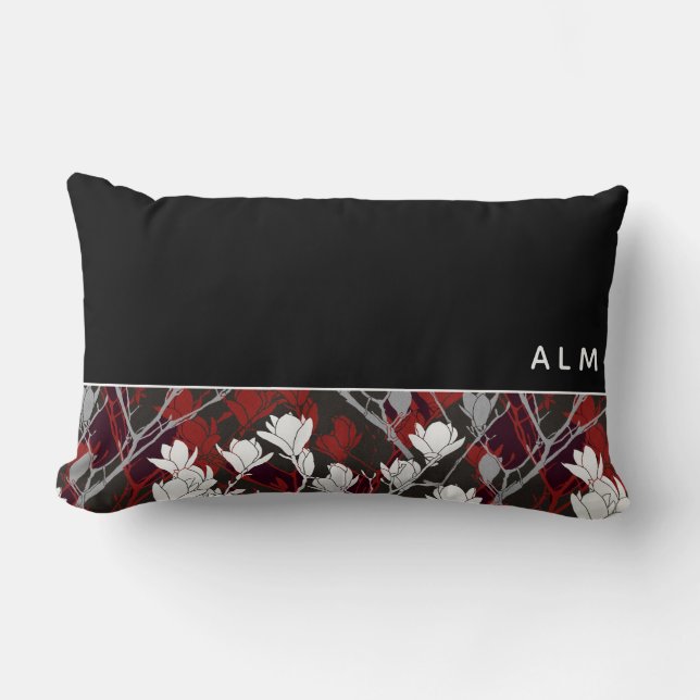 Zwart wit grijs en rood Floral | Monogram Kussen (Voorkant)