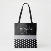 Zwart Wit Grijs Monogram Script Polka Dots Draagtas (Voorkant)