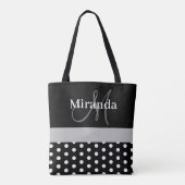 Zwart Wit Grijs Monogram Script Polka Dots Draagtas (Achterkant)