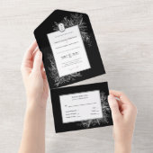 Zwart-wit groen Bruiloft Monogram All In One Uitnodiging (Afscheurbaar)