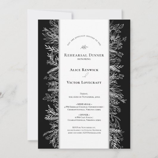 Zwart-wit groen bruiloft repetitie diner kaart (Voorkant)