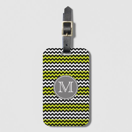 Zwart wit groen Chevron Zigzag Monogram Bagagelabel (Voorkant (verticaal))