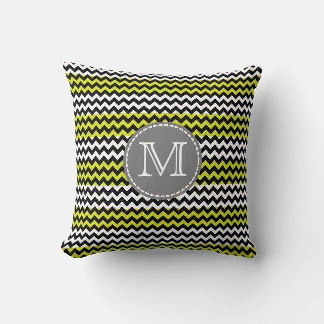 Zwart wit groen Chevron Zigzag Monogram Kussen (Voorkant)