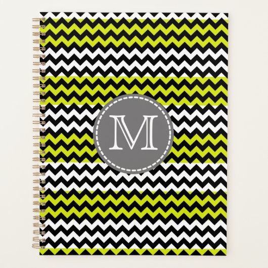 Zwart wit groen Chevron Zigzag Monogram Planner (Voorkant)