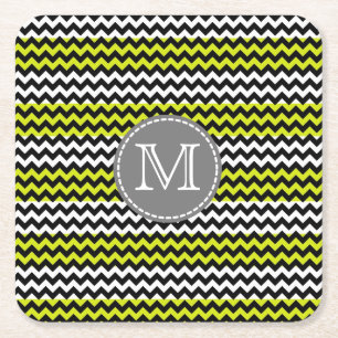 Zwart wit groen Chevron Zigzag Monogram Vierkante Kartonnen Onderzetter