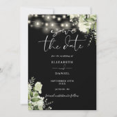 Zwart-wit groen String Lights Bruiloft Save The Date (Voorkant)