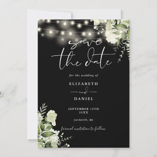 Zwart-wit groen String Lights Bruiloft Save The Date (Voorkant)
