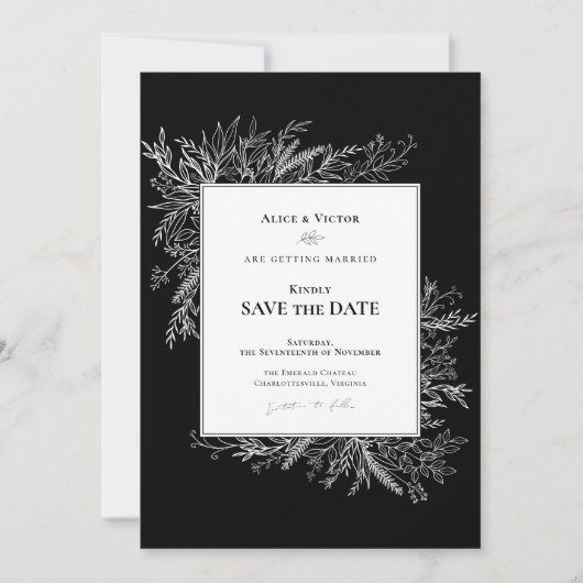 Zwart-Wit Groene Huwelijksmonogram Save The Date (Voorkant)