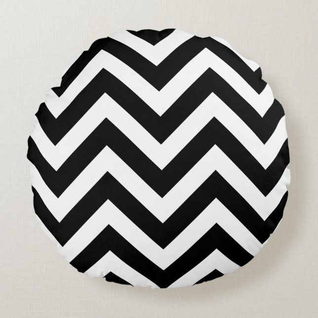 Zwart-wit Groot formaat Chevron Stripes Rond Kussen (Voorkant)