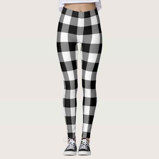 Zwart-wit Grote Grootte Gingham Checks Leggings (Voorkant)