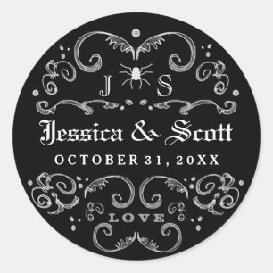 Zwart & Wit Halloween Gotische Bruiloft Namen Datu Ronde Sticker