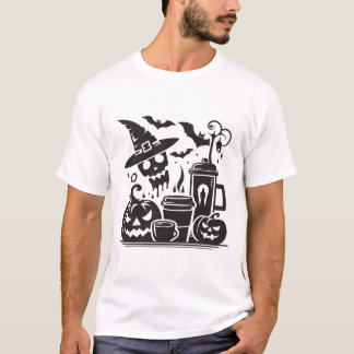 Zwart-wit Halloween Koffie Silhouet Grafisch T-shirt