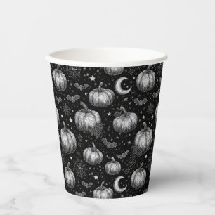 Zwart-wit Halloween Pompoen, Vleermuis, Spiderweb Papieren Bekers