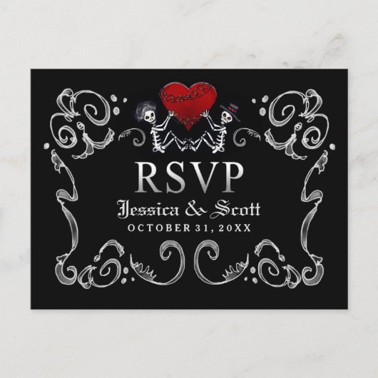 Zwart Wit Halloween Skeletten Trouwmenu RSVP Uitnodiging Briefkaart (Voorkant)