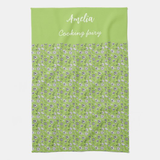 Zwart & wit hand getrokken bloemen op groen patroo theedoek (Verticaal)
