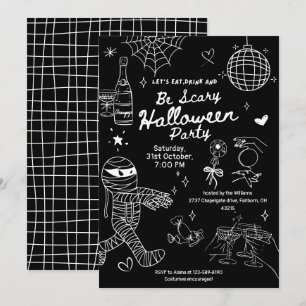 Zwart-wit Hand getrokken Doodle Halloween Party Kaart