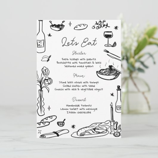 Zwart-wit Hand getrokken grillige bruiloft Menu (Staand voorkant)
