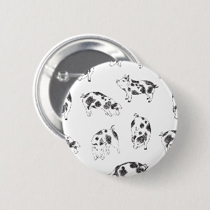 Zwart-wit handgetekend varken koeienvlekkenpatroon ronde button 5,7 cm
