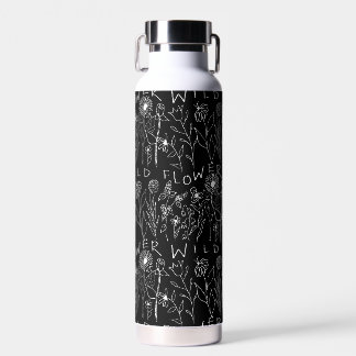 Zwart-wit handgetekende wilde bloemen waterfles