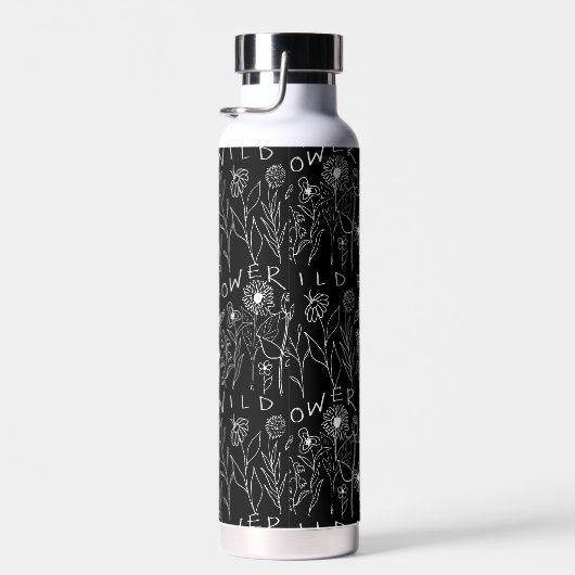 Zwart-wit handgetekende wilde bloemen waterfles (Rechts)