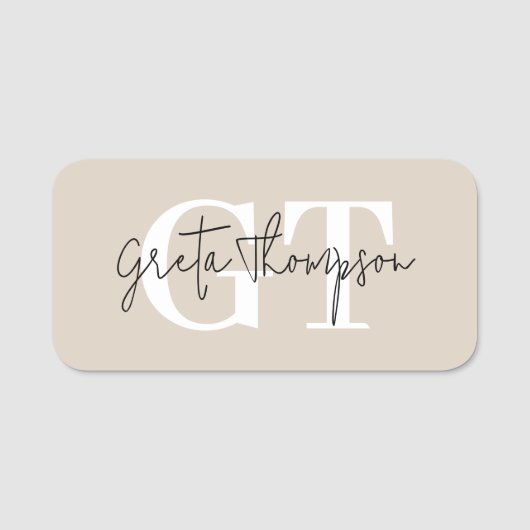 Zwart-wit Handtekening Naam Monogram Beige Naamplaatje (Voorkant)