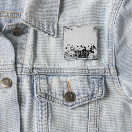 Zwart-wit Happy Halloween Party Vierkante Button 5,1 Cm (In situ)