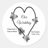 Zwart-wit hart en botervliegen ronde sticker (Voorkant)