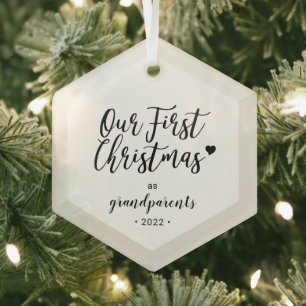 Zwart & Wit Hart Grootouders Eerste Kerstmis Glas Ornament