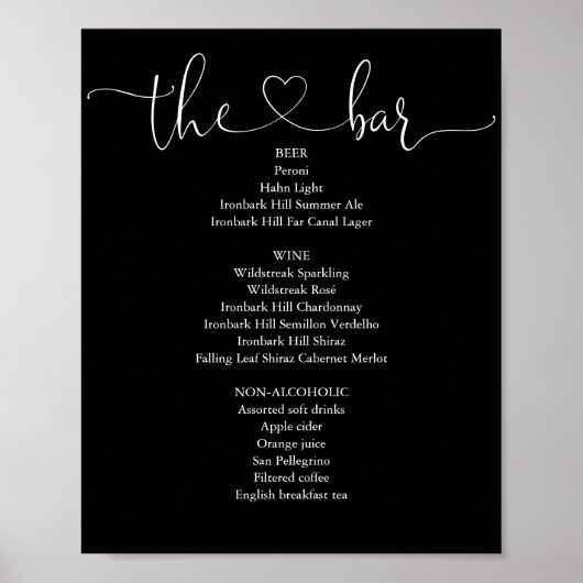 Zwart-Wit Hart Script Bar Menu Poster (Voorkant)